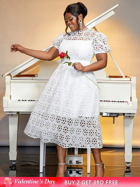 AOMEIDRESS Elegant Lace Midi A Line Wedding Guests Dress Puff Sleeve White / 0XL