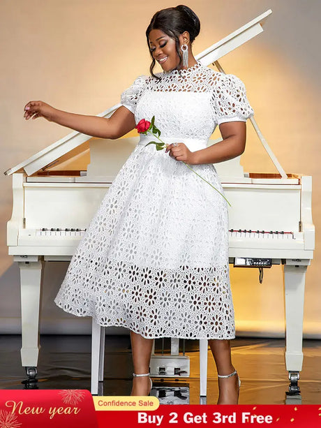 AOMEIDRESS Elegant Lace Midi A Line Wedding Guests Dress Puff Sleeve White / 0XL