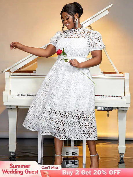AOMEIDRESS Elegant Lace Midi A Line Wedding Guests Dress Puff Sleeve White / 0XL