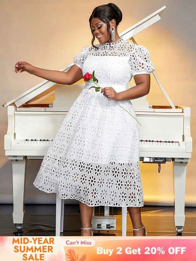 AOMEIDRESS Elegant Lace Midi A Line Wedding Guests Dress Puff Sleeve White / 0XL