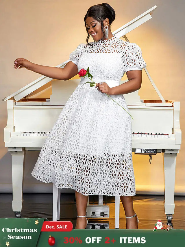 AOMEIDRESS Elegant Lace Midi A Line Wedding Guests Dress Puff Sleeve White / 0XL