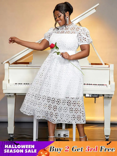 AOMEIDRESS Elegant Lace Midi A Line Wedding Guests Dress Puff Sleeve White / 0XL