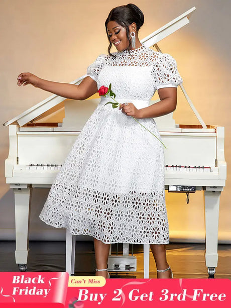 AOMEIDRESS Elegant Lace Midi A Line Wedding Guests Dress Puff Sleeve White / 0XL