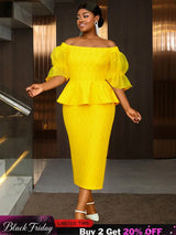 AOMEIDRESS Elegant Lace Off Shoulder Peplum Dress for Party Wedding Yellow / 0XL