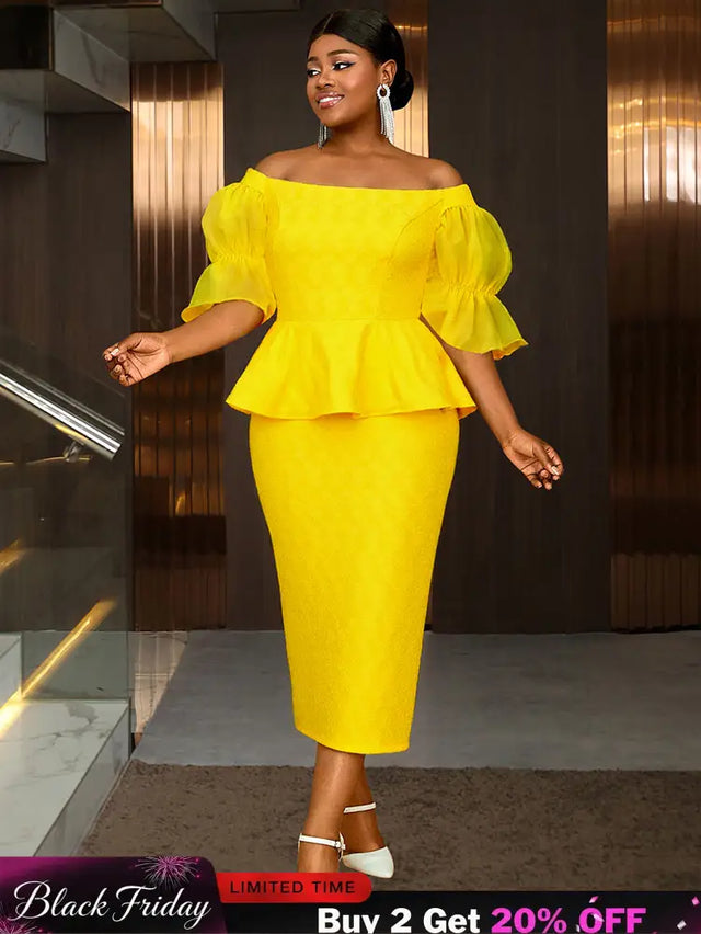 AOMEIDRESS Elegant Lace Off Shoulder Peplum Dress for Party Wedding Yellow / 0XL