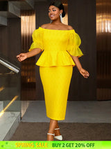 AOMEIDRESS Elegant Lace Off Shoulder Peplum Dress for Party Wedding Yellow / 0XL