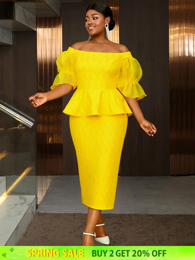 AOMEIDRESS Elegant Lace Off Shoulder Peplum Dress for Party Wedding Yellow / 0XL