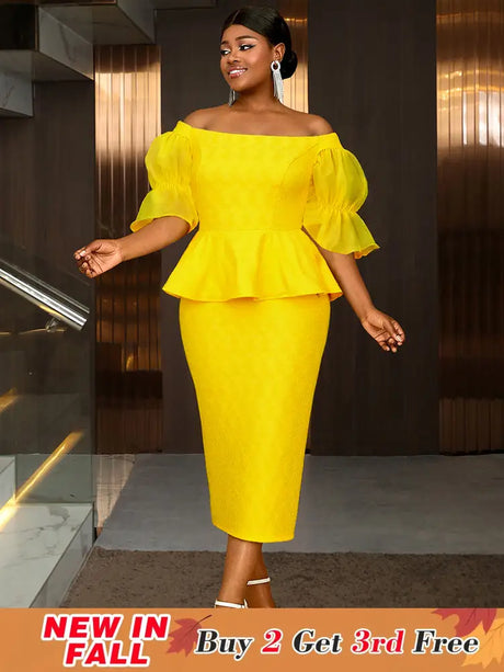 AOMEIDRESS Elegant Lace Off Shoulder Peplum Dress for Party Wedding Yellow / 0XL