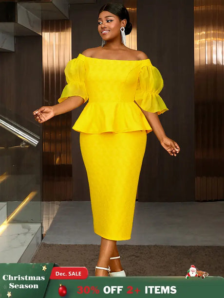 AOMEIDRESS Elegant Lace Off Shoulder Peplum Dress for Party Wedding Yellow / 0XL
