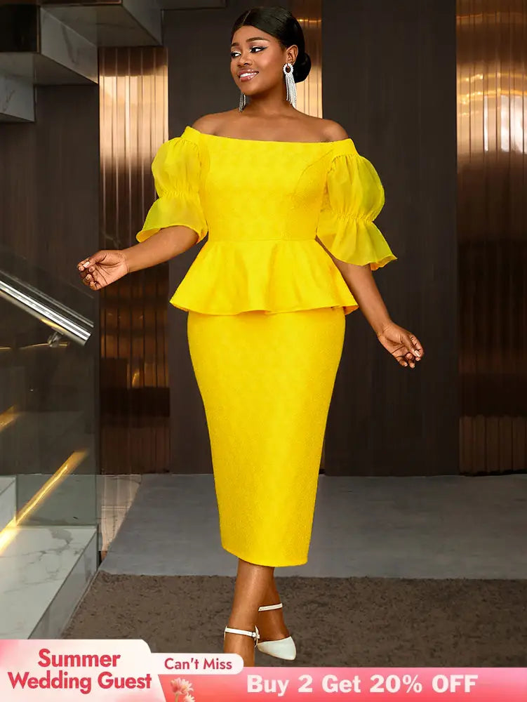 AOMEIDRESS Elegant Lace Off Shoulder Peplum Dress for Party Wedding Yellow / 0XL