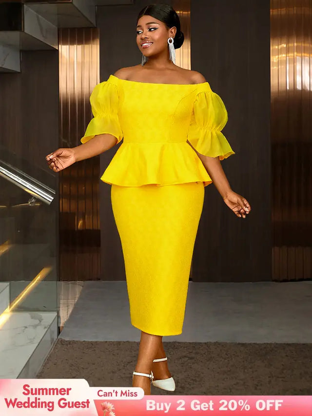 AOMEIDRESS Elegant Lace Off Shoulder Peplum Dress for Party Wedding Yellow / 0XL
