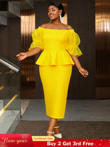 AOMEIDRESS Elegant Lace Off Shoulder Peplum Dress for Party Wedding Yellow / 0XL