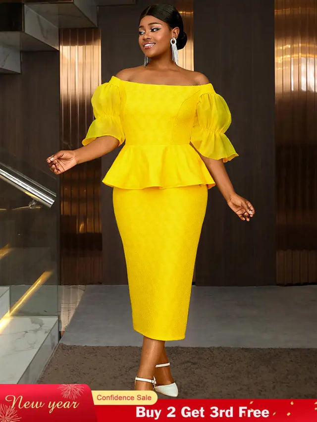 AOMEIDRESS Elegant Lace Off Shoulder Peplum Dress for Party Wedding Yellow / 0XL