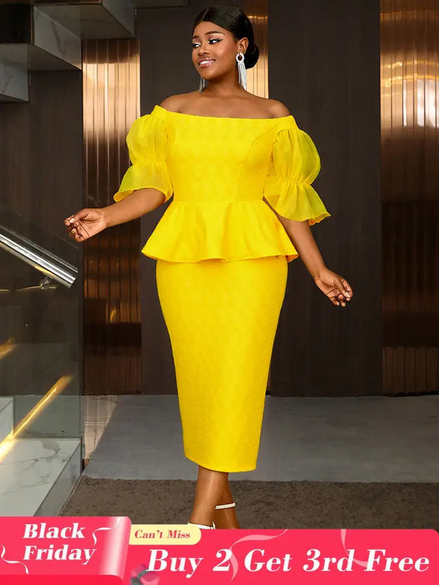 AOMEIDRESS Elegant Lace Off Shoulder Peplum Dress for Party Wedding Yellow / 0XL