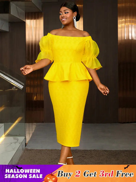 AOMEIDRESS Elegant Lace Off Shoulder Peplum Dress for Party Wedding Yellow / 0XL