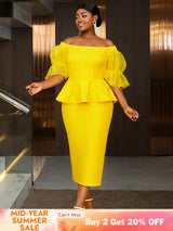 AOMEIDRESS Elegant Lace Off Shoulder Peplum Dress for Party Wedding Yellow / 0XL