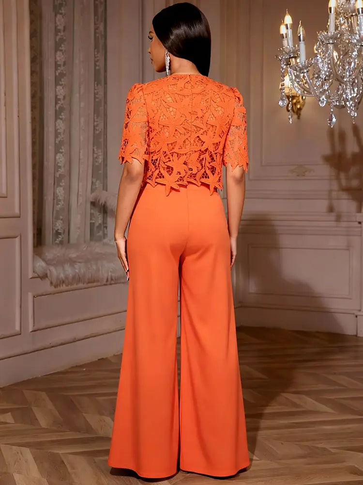 AOMEIDRESS Elegant Lace Two Piece Set Short Sleeve Top Wide Leg Pants