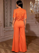AOMEIDRESS Elegant Lace Two Piece Set Short Sleeve Top Wide Leg Pants