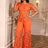 AOMEIDRESS Elegant Lace Two Piece Set Short Sleeve Top Wide Leg Pants Orange / S