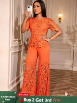 AOMEIDRESS Elegant Lace Two Piece Set Short Sleeve Top Wide Leg Pants Orange / S
