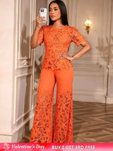 AOMEIDRESS Elegant Lace Two Piece Set Short Sleeve Top Wide Leg Pants Orange / S