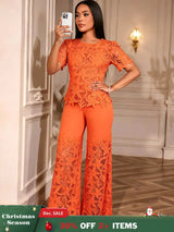 AOMEIDRESS Elegant Lace Two Piece Set Short Sleeve Top Wide Leg Pants Orange / S
