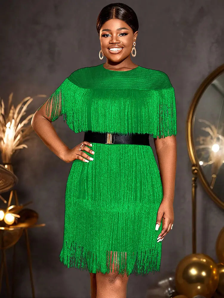 AOMEIDRESS Elegant Luxury Mini Tassels Wedding Guest Dresses O Neck Green / S