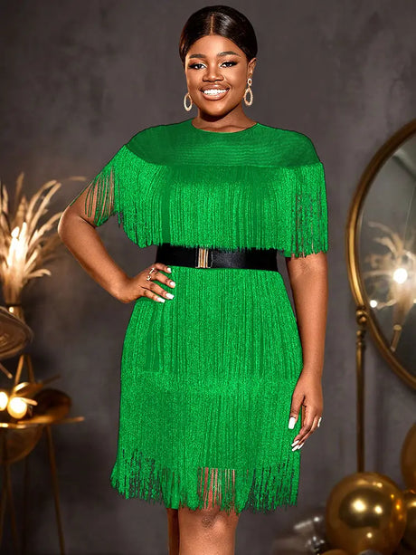 AOMEIDRESS Elegant Luxury Mini Tassels Wedding Guest Dresses O Neck Green / S