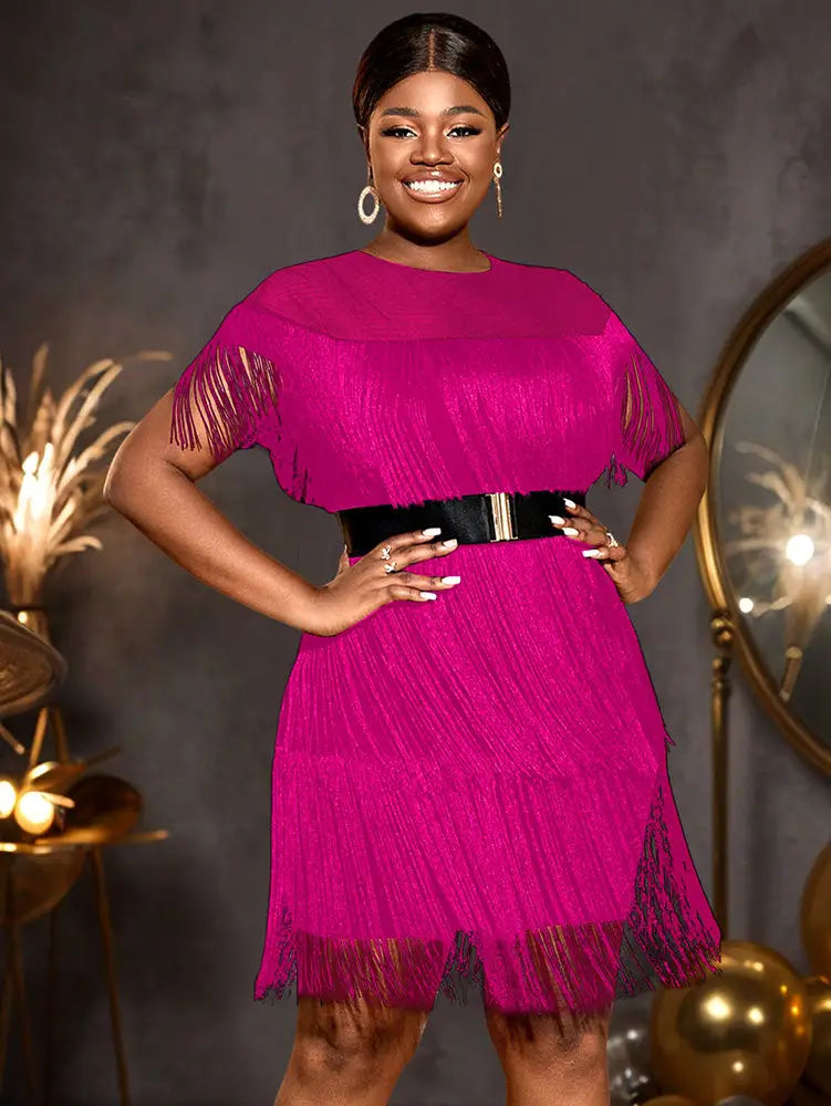 AOMEIDRESS Elegant Luxury Mini Tassels Wedding Guest Dresses O Neck Rose / S