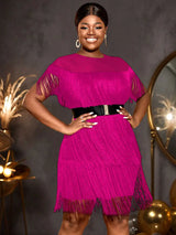 AOMEIDRESS Elegant Luxury Mini Tassels Wedding Guest Dresses O Neck Rose / S