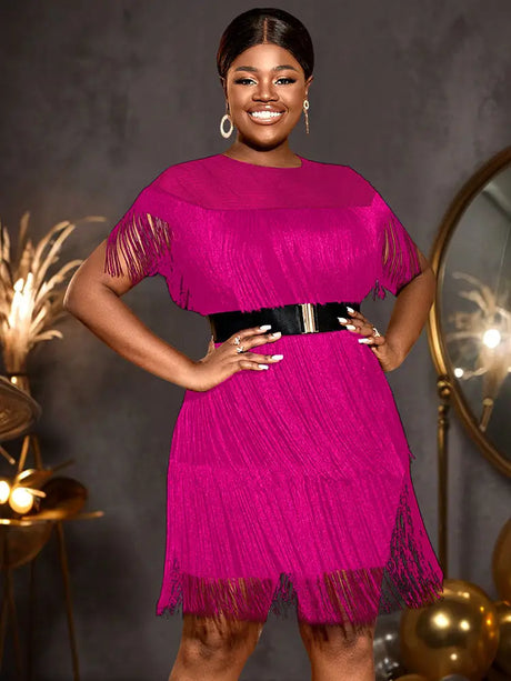 AOMEIDRESS Elegant Luxury Mini Tassels Wedding Guest Dresses O Neck Rose / S