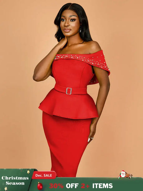 AOMEIDRESS Elegant Luxury Wedding Guest Dress Shiny Beaded Slash Neck Red / S