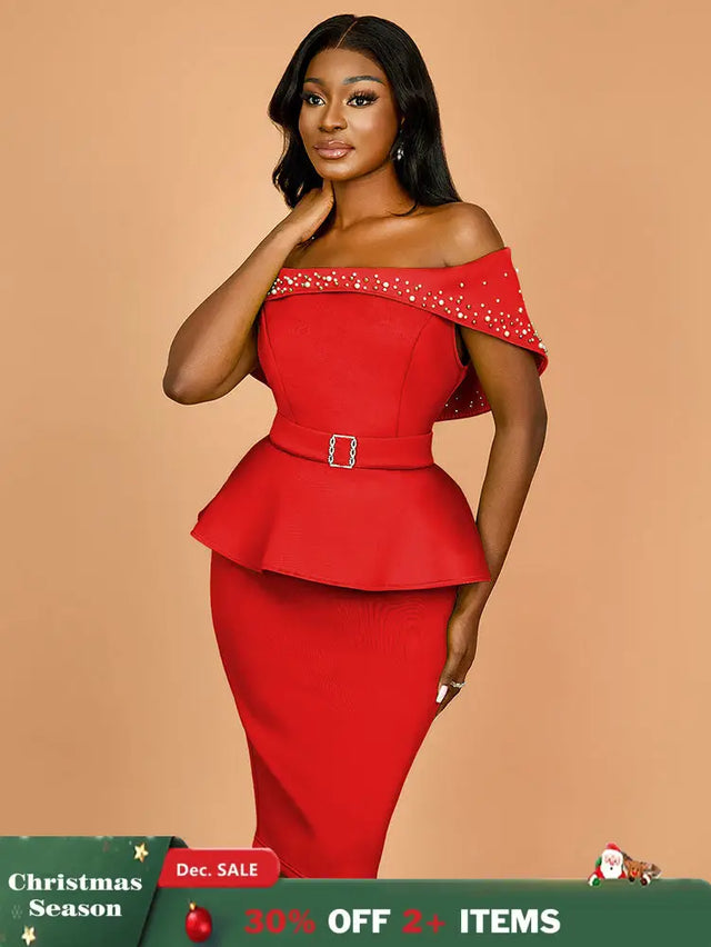 AOMEIDRESS Elegant Luxury Wedding Guest Dress Shiny Beaded Slash Neck Red / S