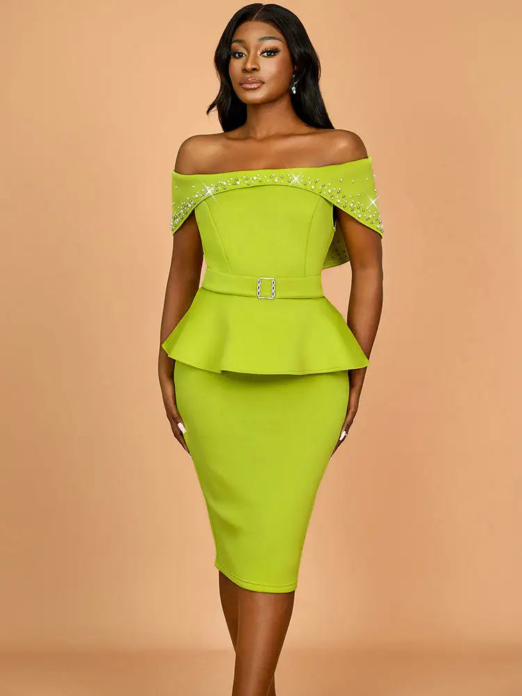 AOMEIDRESS Elegant Luxury Wedding Guest Dress Shiny Beaded Slash Neck Green / S