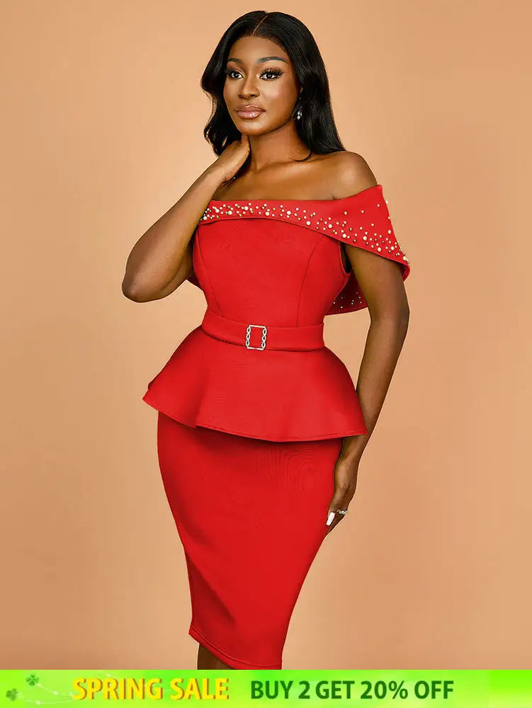 AOMEIDRESS Elegant Luxury Wedding Guest Dress Shiny Beaded Slash Neck Red / S