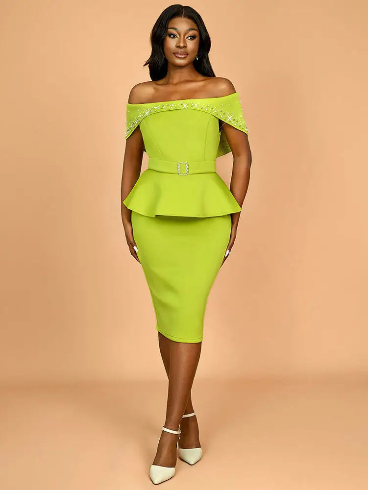 AOMEIDRESS Elegant Luxury Wedding Guest Dress Shiny Beaded Slash Neck