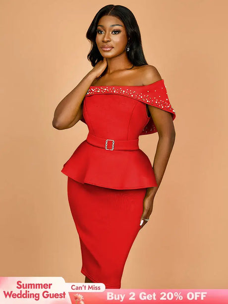 AOMEIDRESS Elegant Luxury Wedding Guest Dress Shiny Beaded Slash Neck Red / S