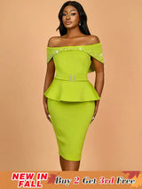 AOMEIDRESS Elegant Luxury Wedding Guest Dress Shiny Beaded Slash Neck Green / S