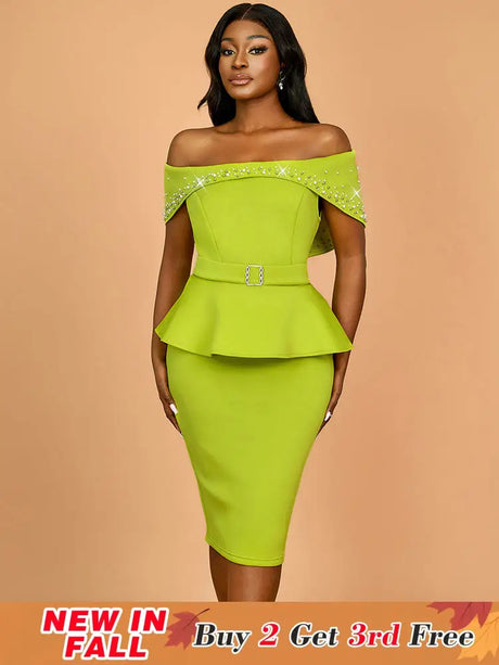 AOMEIDRESS Elegant Luxury Wedding Guest Dress Shiny Beaded Slash Neck Green / S