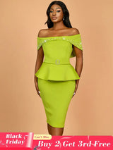 AOMEIDRESS Elegant Luxury Wedding Guest Dress Shiny Beaded Slash Neck Green / S