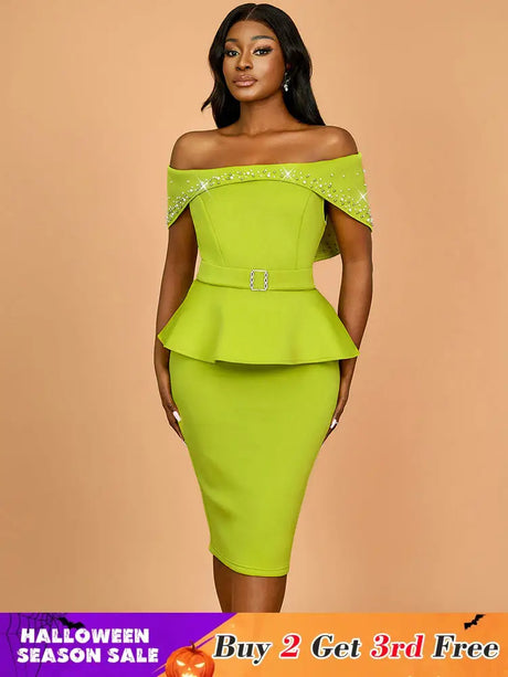 AOMEIDRESS Elegant Luxury Wedding Guest Dress Shiny Beaded Slash Neck Green / S