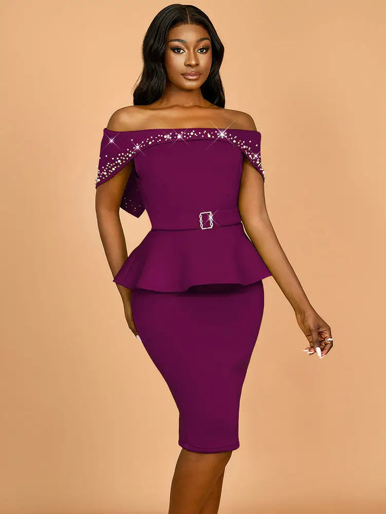 AOMEIDRESS Elegant Luxury Wedding Guest Dress Shiny Beaded Slash Neck Purple / S