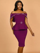 AOMEIDRESS Elegant Luxury Wedding Guest Dress Shiny Beaded Slash Neck Purple / S