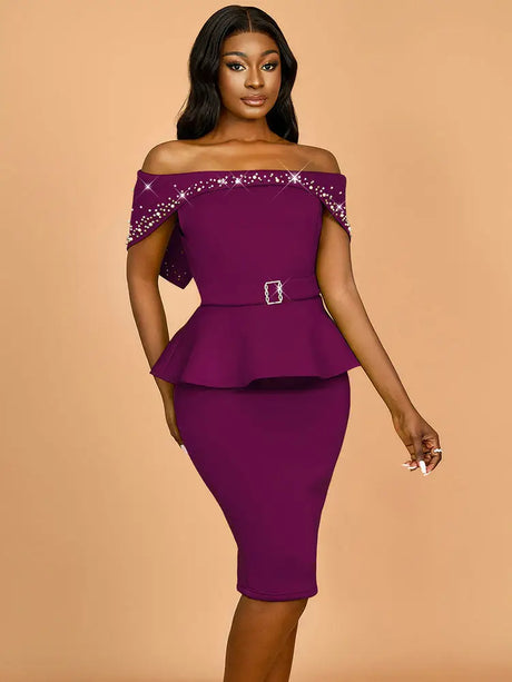 AOMEIDRESS Elegant Luxury Wedding Guest Dress Shiny Beaded Slash Neck Purple / S