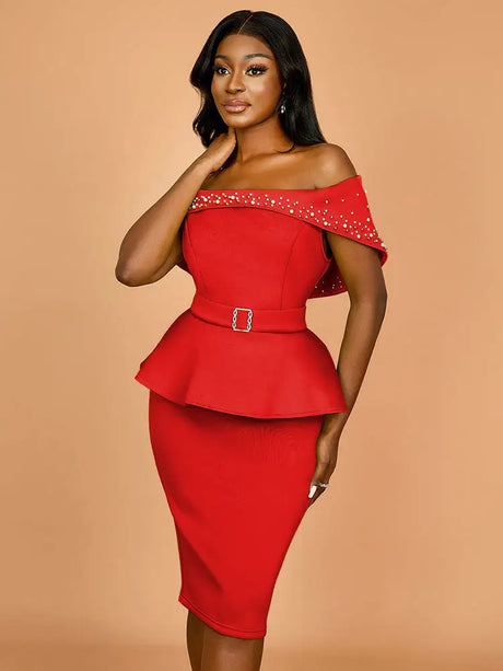 AOMEIDRESS Elegant Luxury Wedding Guest Dress Shiny Beaded Slash Neck Red / S