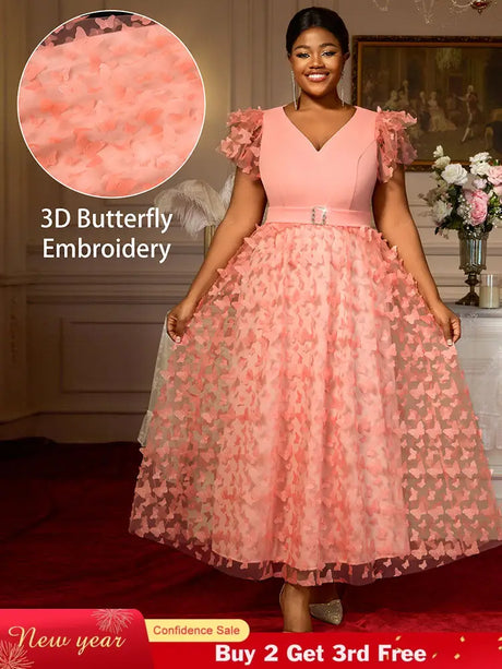 AOMEIDRESS Elegant Maxi A Line Party Dress 3D Butterfly Waist Belt Pink / 0XL
