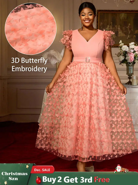 AOMEIDRESS Elegant Maxi A Line Party Dress 3D Butterfly Waist Belt Pink / 0XL