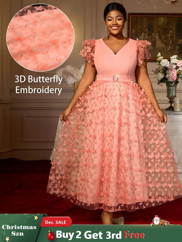 AOMEIDRESS Elegant Maxi A Line Party Dress 3D Butterfly Waist Belt Pink / 0XL