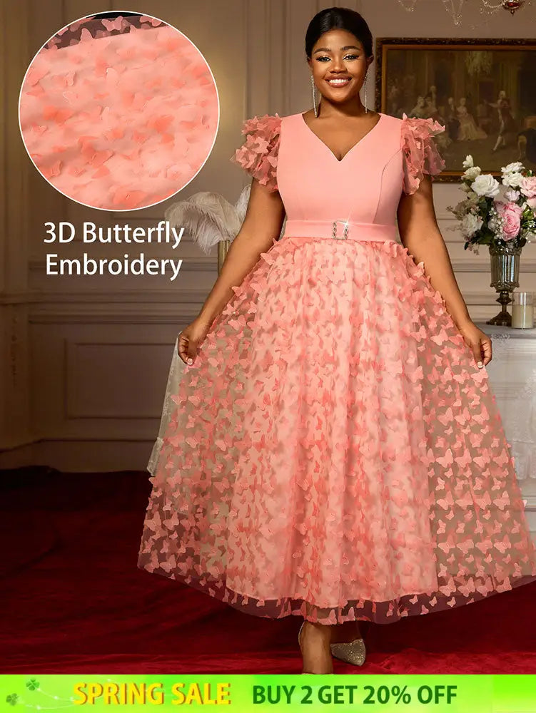 AOMEIDRESS Elegant Maxi A Line Party Dress 3D Butterfly Waist Belt Pink / 0XL