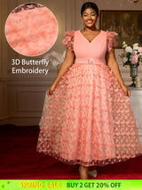AOMEIDRESS Elegant Maxi A Line Party Dress 3D Butterfly Waist Belt Pink / 0XL